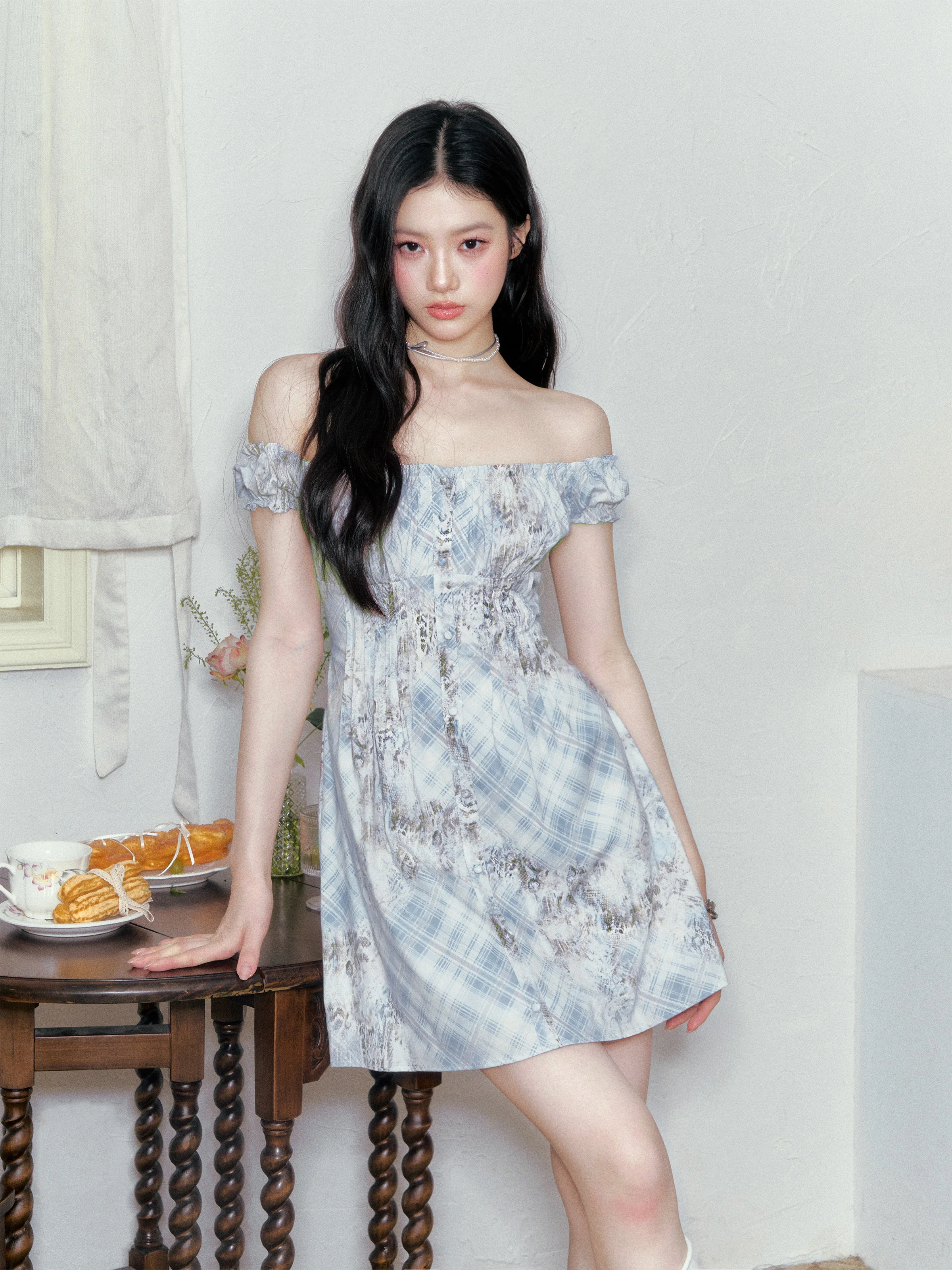 Vestido Vintage a Cuadros Azul Grisáceo con Cintura Ajustada, Falda Corta Estilo Princesa, Estampado, Verano, Fibra de Poliéster