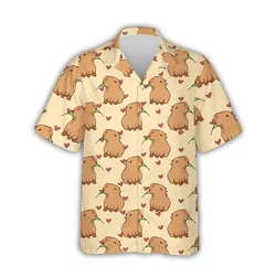 Kawaii Capybara Pattern Shirt Men's 3D Printed Hawaii Aloha Beach Men's Shirt Short Sleeve Cool Top Lapel Shirt
