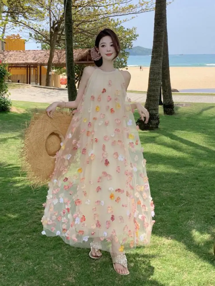 

Summer Vintage Beige Mesh Flower Round Neck Bow Bandage Elegant Sleeveless Long Dress Women French Sexy Off Shoulder Party Dress