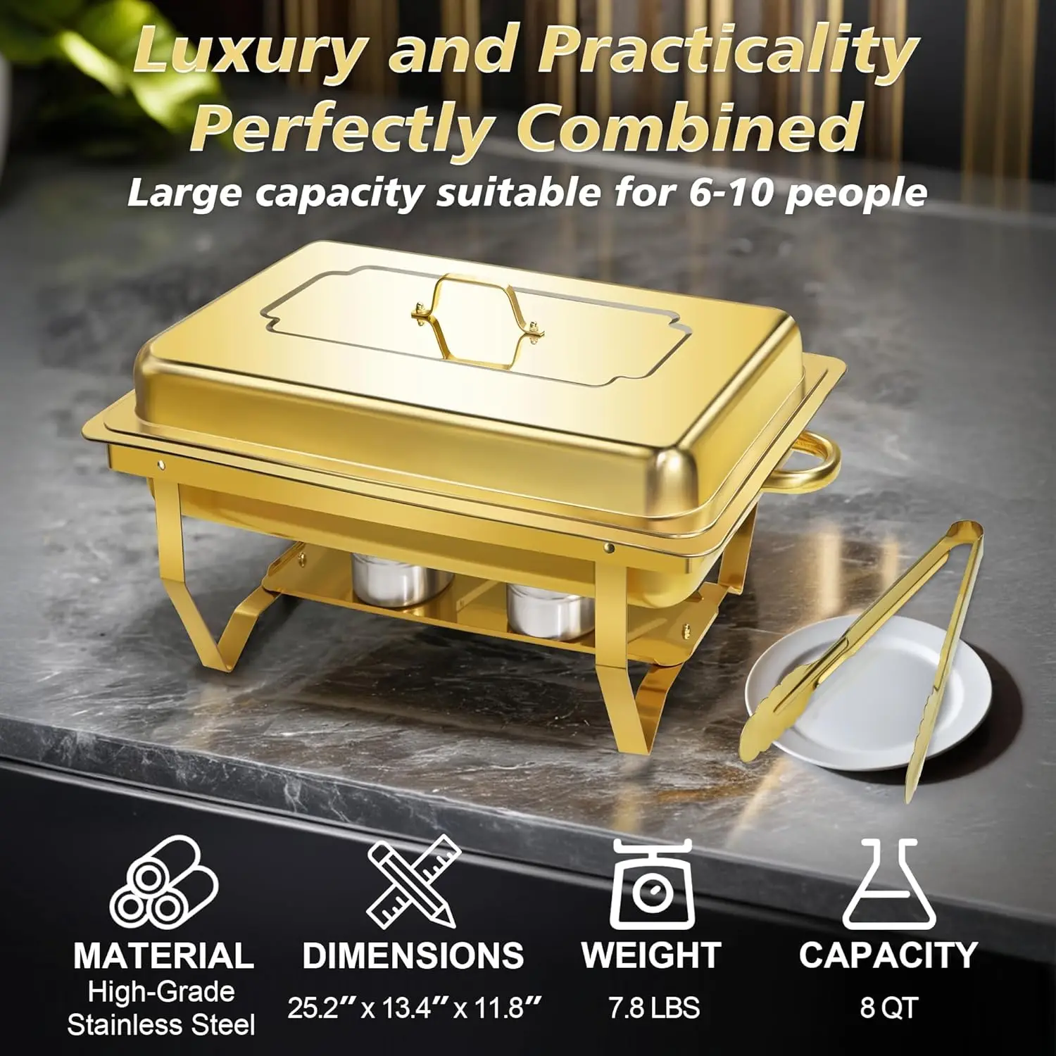 Chafing Dishes for Buffet, 4 Pack 8QT Gold Chafing Dish Buffet Set, High Grade Buffet Servers and Warmers with All-Gold Serving