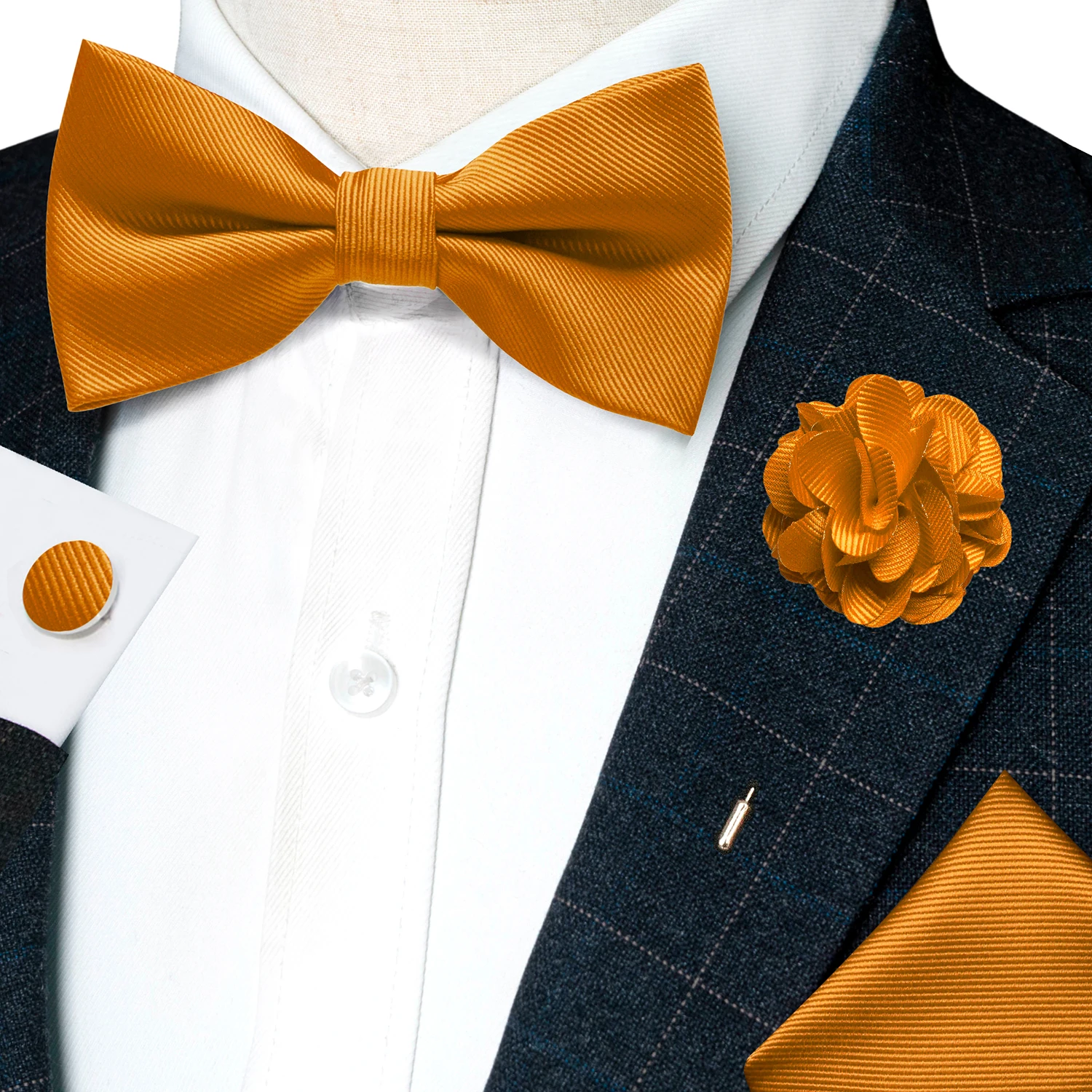Hochzeits-Fliege für Herren, einfarbig rosa, vorgebundene Fliege, Einstecktuch, Manschettenknöpfe, Corsage-Set, Party, Business, Seiden-Schmetterlingsknoten, Geschenk – Detail 6