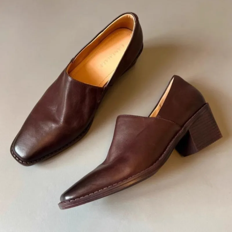 

Ретро-коричневые туфли-лодочки из мягкой кожи на низком каблуке, женские модные лоферы с квадратным носком на толстом каблуке, элегантные офисные туфли для повседневной носки, Zapatos Mujer