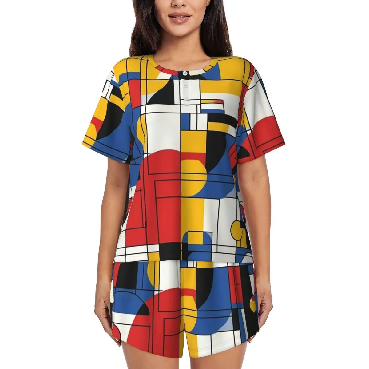 

Piet Mondrian Round Neck Short Sleeve Nightgowns for Sleeping Sleepshirts Women Soft Pajama Set Short Pants