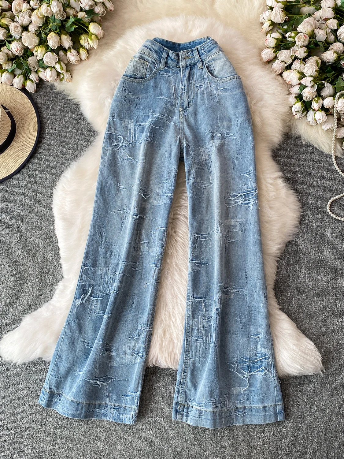 

Retro Hole Denim Wide Leg Pants Women's New American High Waist Small Size Loose Hiding Hip Slim Straight Leg Pants