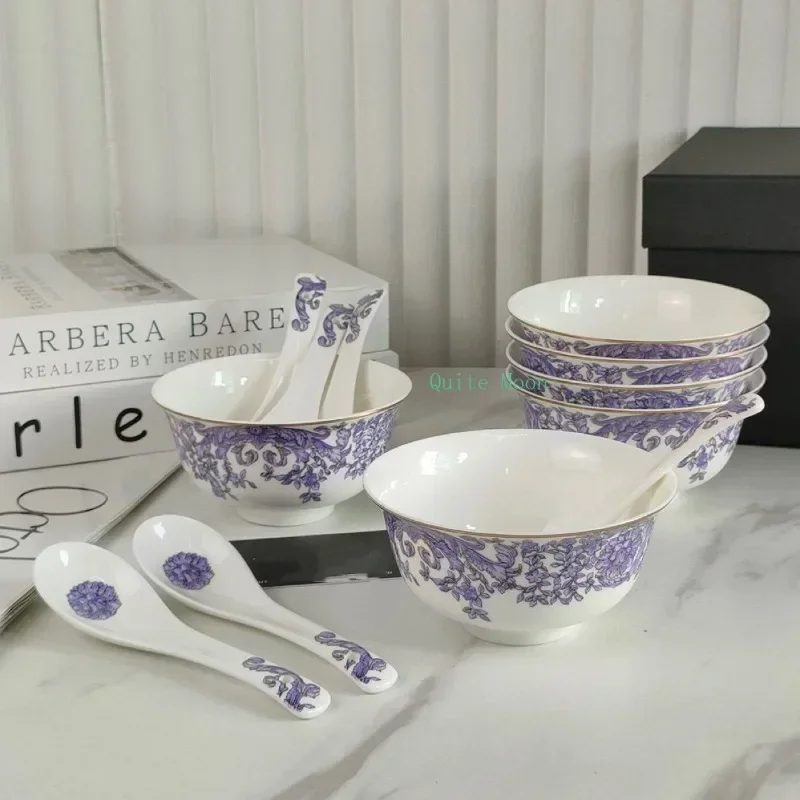 

European Purple Bone Porcelain 6 Bowls and 6 Spoons Set Gift Box Home Premium Bone Porcelain Rice Bowl Small Soup Spoon As Gift