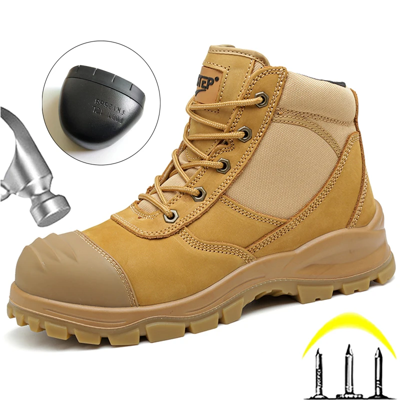 

Platform Work Boots Men Genuine leather Safety Shoes Men Side zipper Protection Boots Steel Toe Shoes Industrial Boots Security