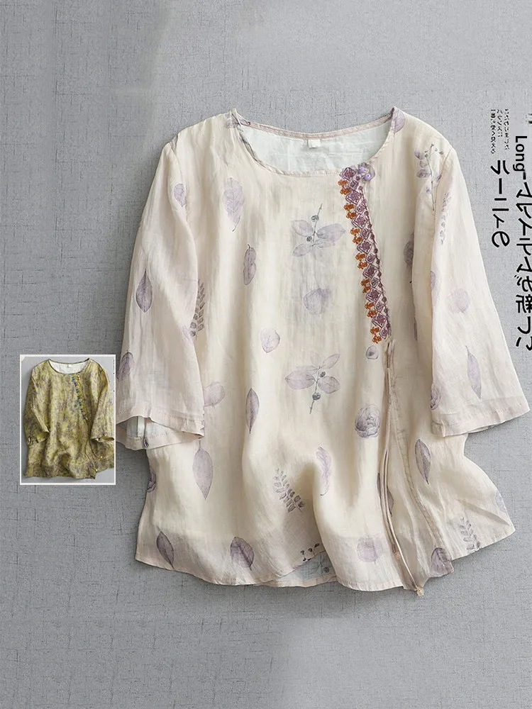 

Retro Chinese Sle Embroidered Cotton Linen 7/8 Sve T-irt Large Size Women's round Ne Thin Overhead Floral Top