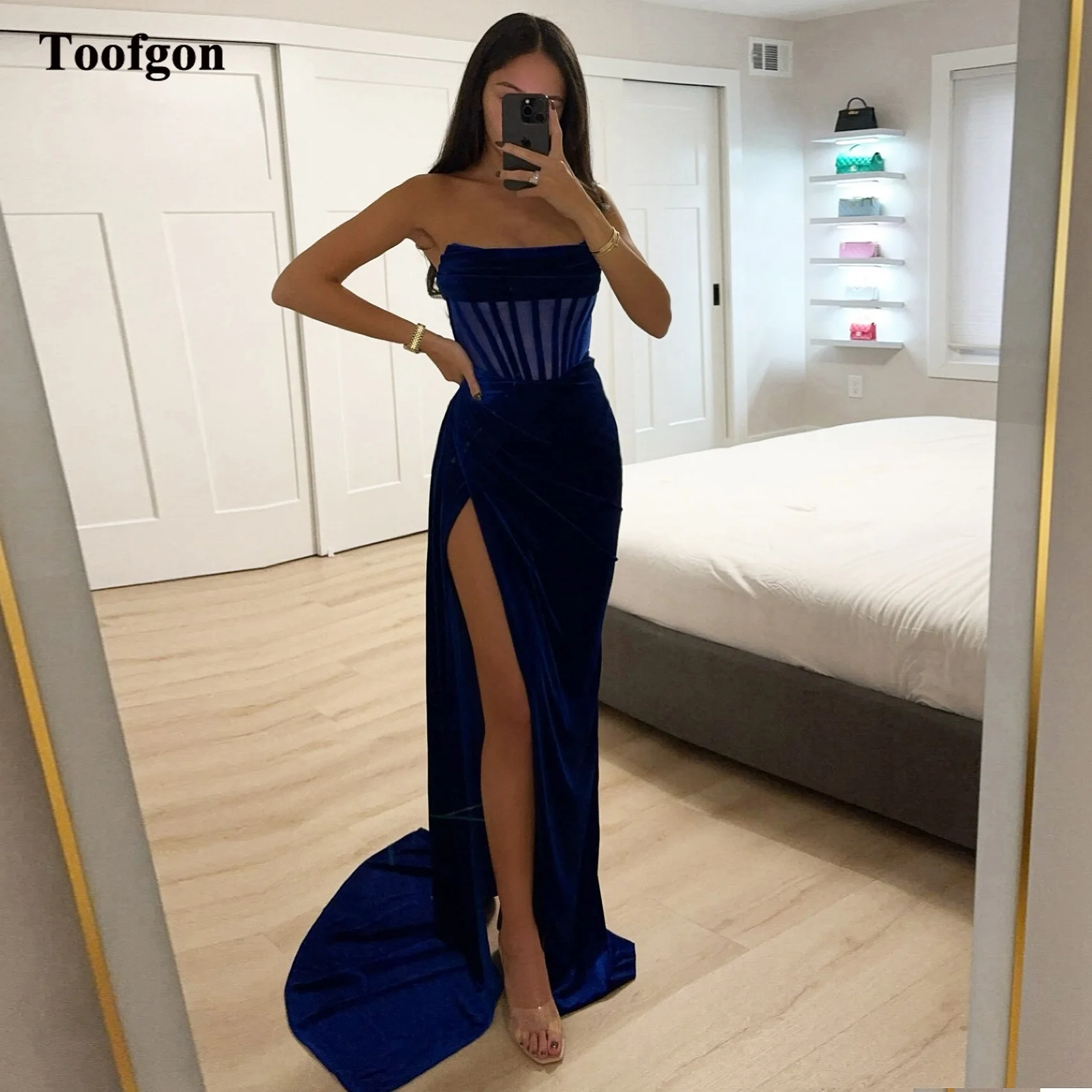 

Toofgon Royal Blue Velvet Mermaid Prom Dresses Transparent Bone Slit Customized Formal Party Evening Gowns Women Reception Dress