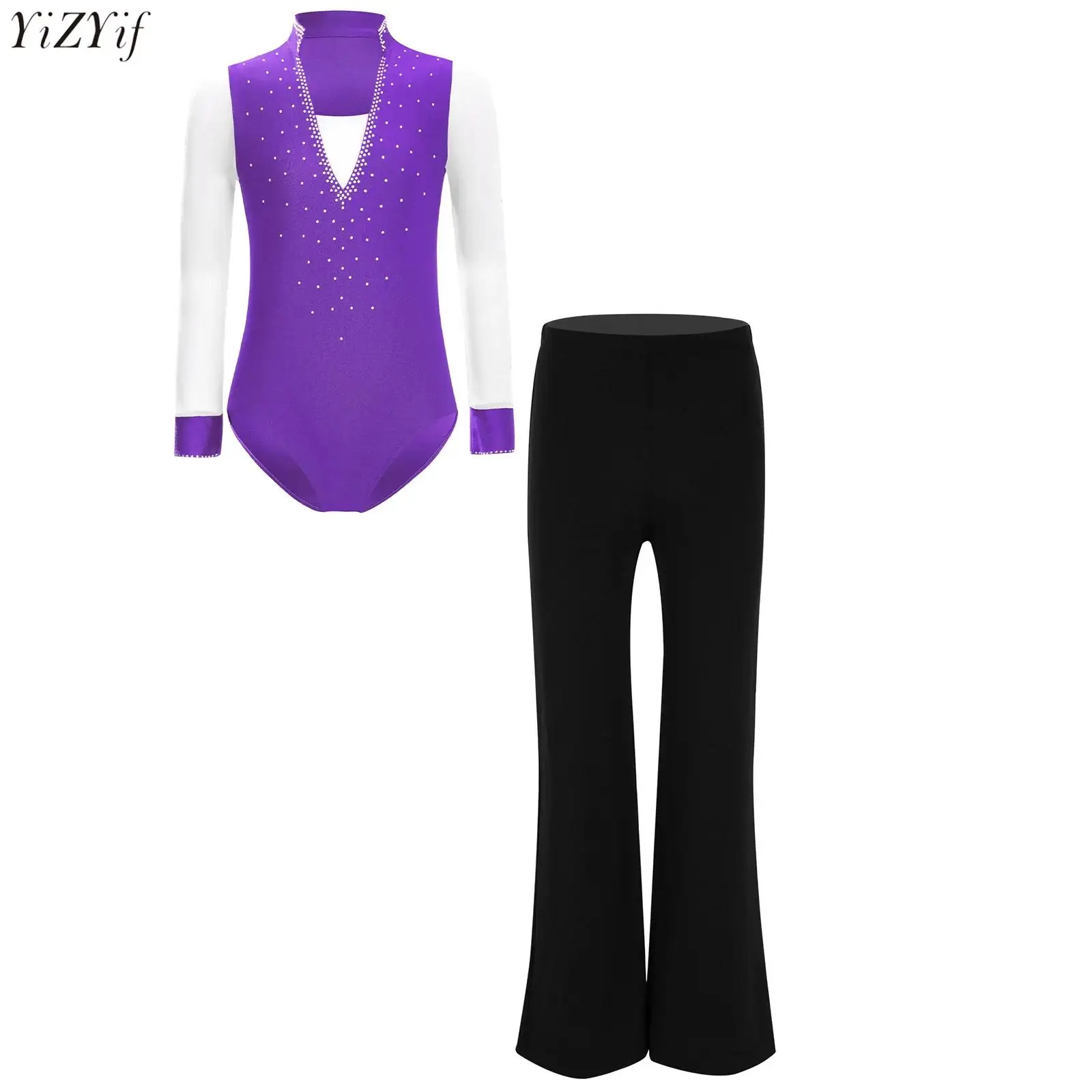 

Kids Boys Girls Gymnastics Figure Skating Dance Costume Sheer Mesh Long Sleeve Shiny Rhinestone Leotard Bodysuit+Pants Dancewear