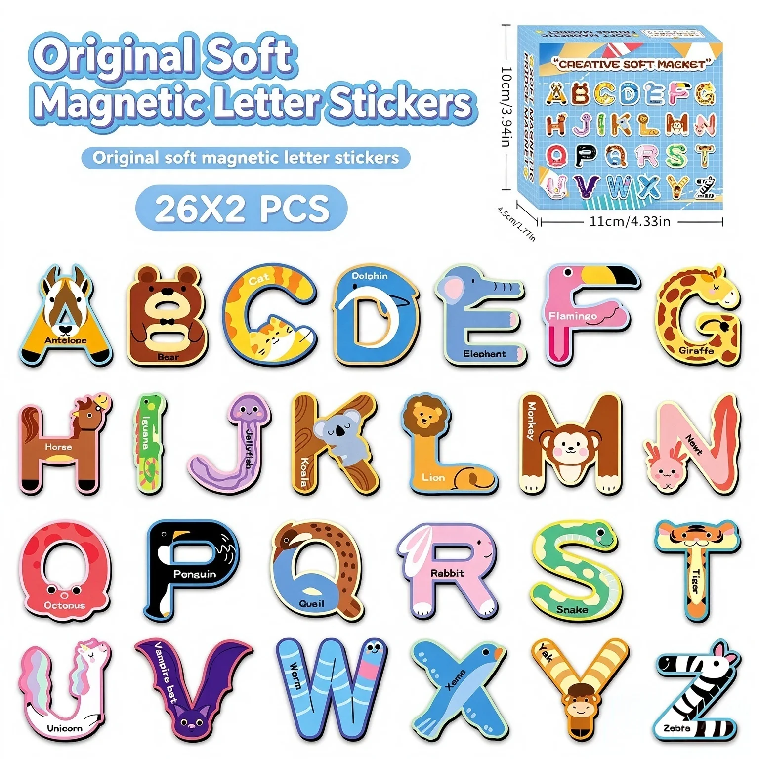 52Pcs Kids Animal Alphabet Fridge Magnets, Cartoon Magnetic Letters, Early Learning Cognitive Educational Toy for Toddlers