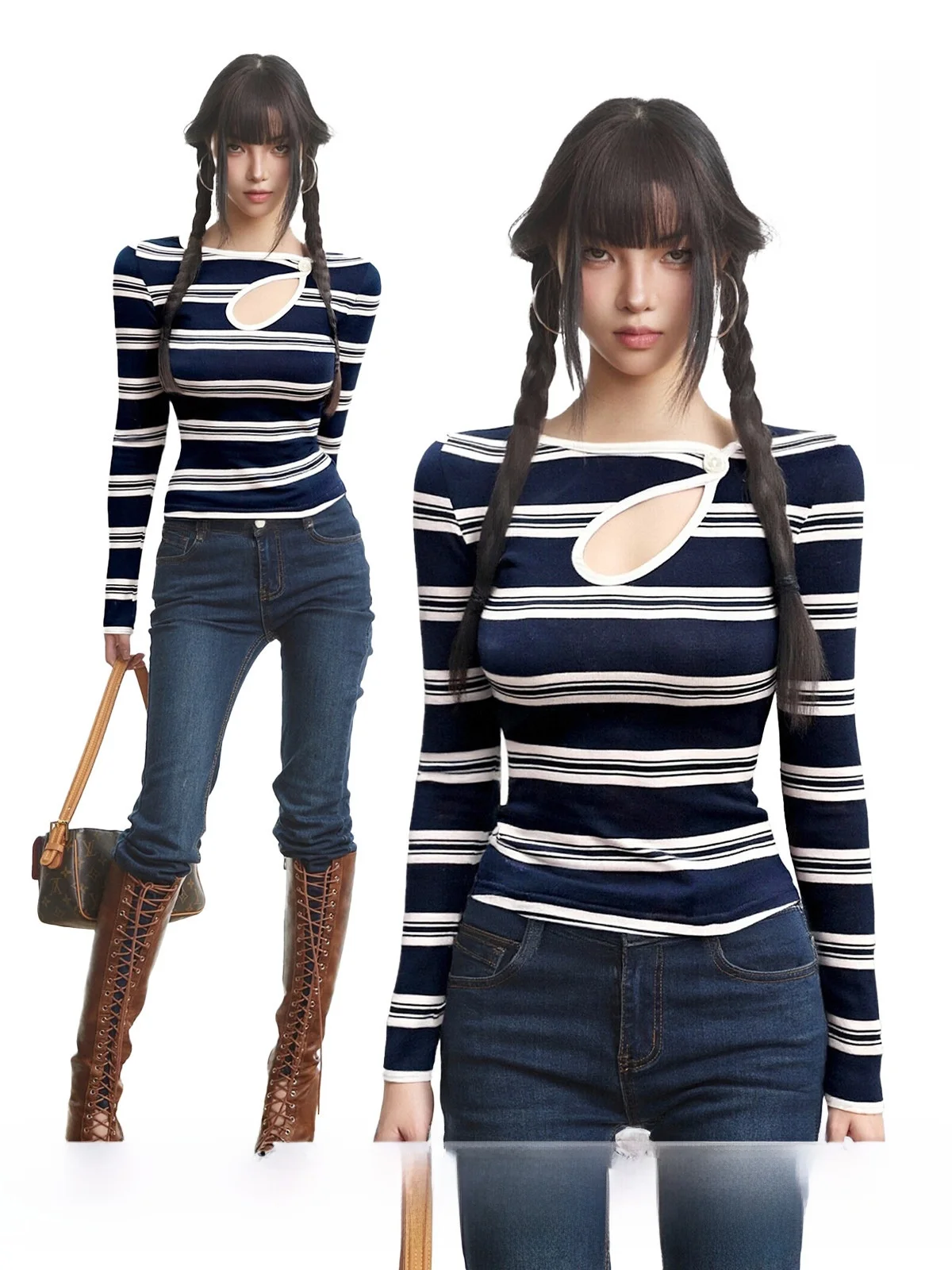 

UNCMHISEX Women's Slim Fit Long Sve T-irt Hollow out Design Base irt Inner Wear Top Striped oulder Bared Hot Girl