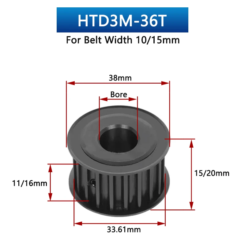 Polea de sincronización de acero HTD3M, rueda síncrona para cinturón de ancho 10/15mm, diámetro 5-20mm, color negro, 35, 36, 38 dientes, 45 #, HTD-3M 35T, 36T, 38 T, 1 unidad