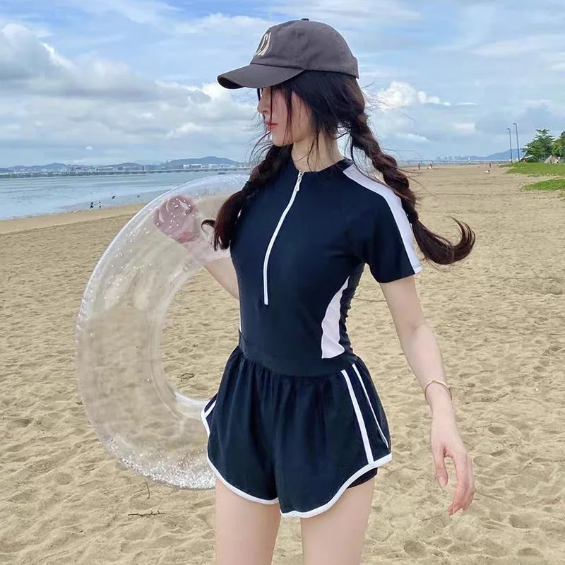 Athletic Black Short Sleeve Two Piece Swimsuit with Zipper Front Contrast Stripe Sporty Swimwear for Beach Pool Vacation - Image 3
