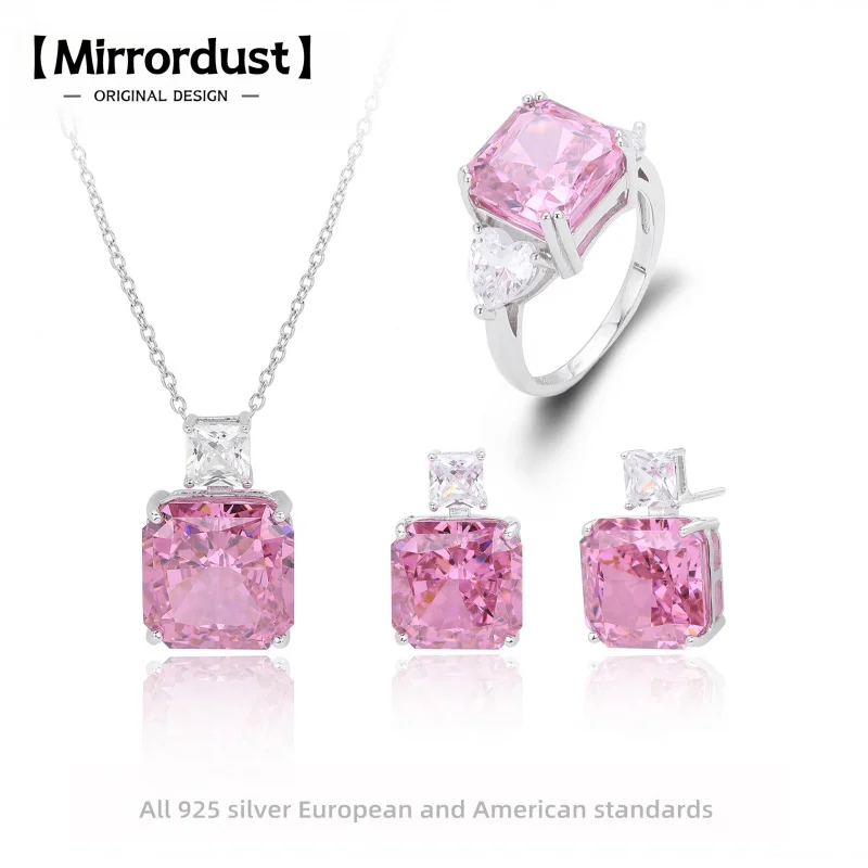 

【Mirrordust】s925 Серебряный Циркон Ледя Цветок Огранки Принцесса Розовый Бриллиант Модные Квадратные Простые Высококачественные Ювелирные Наборы