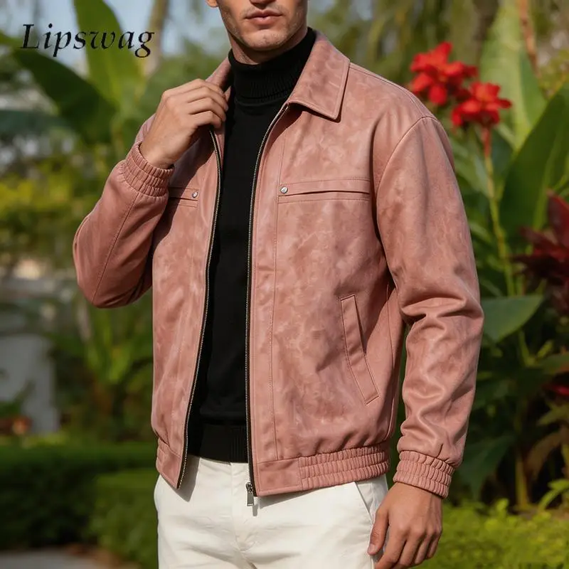 Daily Casual Lapel Zip Up Jacket Mens Fashionable Solid Color Suede Leather Long Sleeve Outerwear Loose Coat Fall For Men