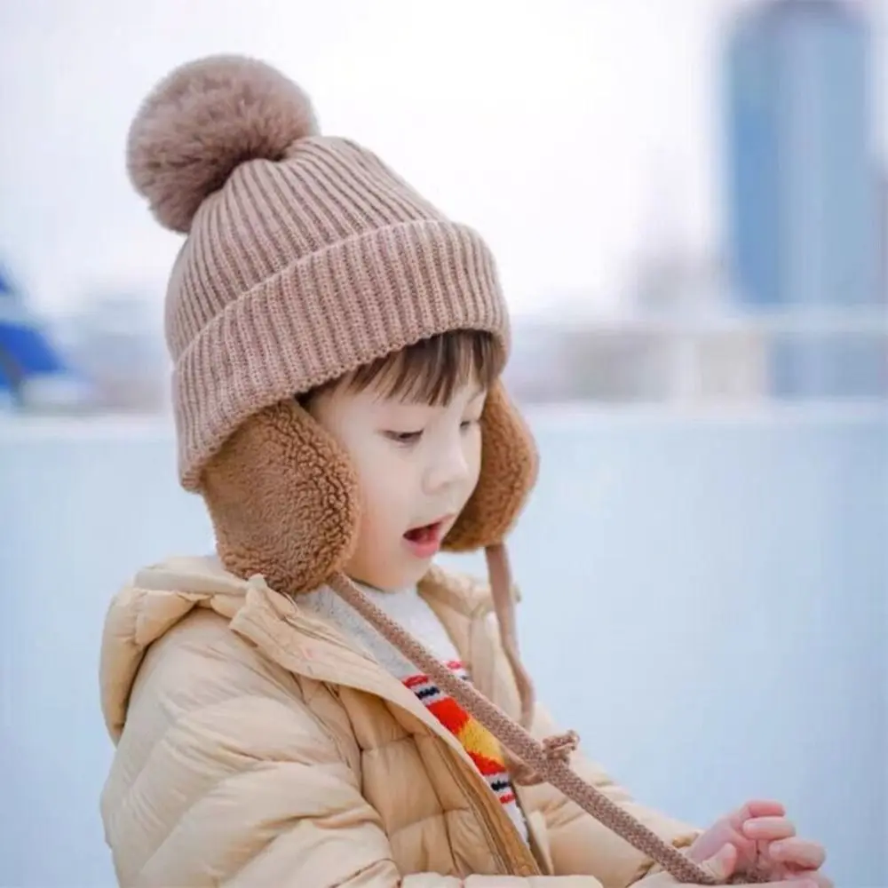 

All-match Plush Children Knitted Hat Ear Protection Warm Pompom Beanie with Earflap Cartoon Cute Wool Cap Baby