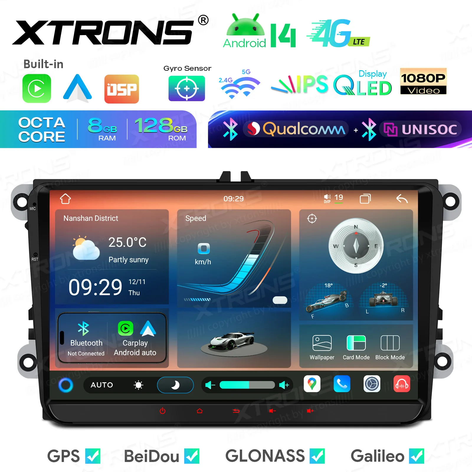 Radio Multimedia para Auto XTRONS de 9'' con Android 14, Qualcomm DualBT, Octa Core, 8+128GB, QLED, 4GLTE, GPS y DSP para Volkswagen, Skoda y SEAT 1