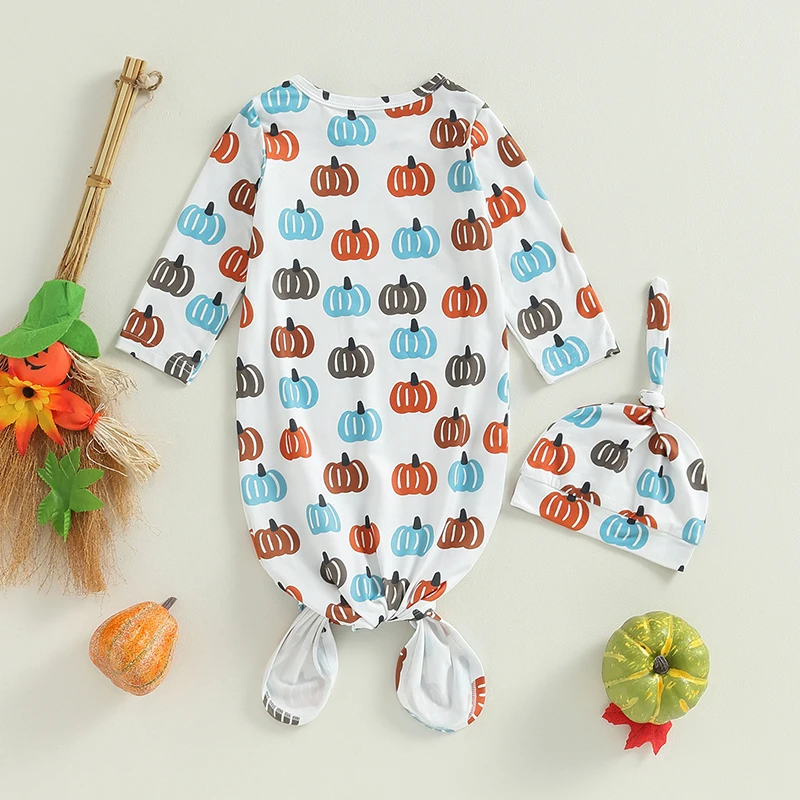 Blotona Newborn Halloween Sleeping Bags Pumpkin Print Long Sleeve Knotted Swaddle Baby Sleep Sack with Matching Hat 0-6Months