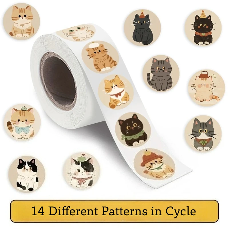 500PCS Cute Cat Roll Stickers, Colorful Cat Pattern Decal, DIY Decoration for Journal Notebook