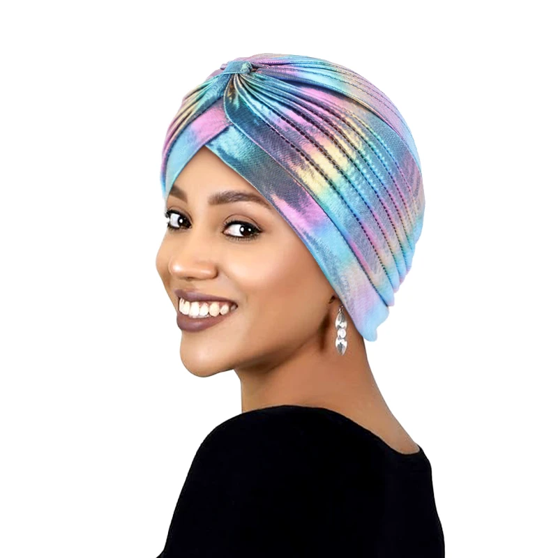 New Women Bright Color Laser Silky Ruffle Metallic Turban Hair Cover Accessories Wave Caps Bonnet Salon Hat Turban Headwrap