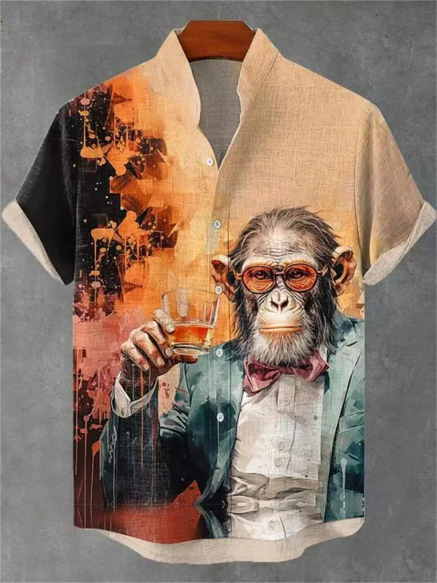 3D Digital Printing Loose Trend Short Sleeve Stand Collar Cardigan Elegant Art Clear Pattern Linen Shirt Casual Button Top