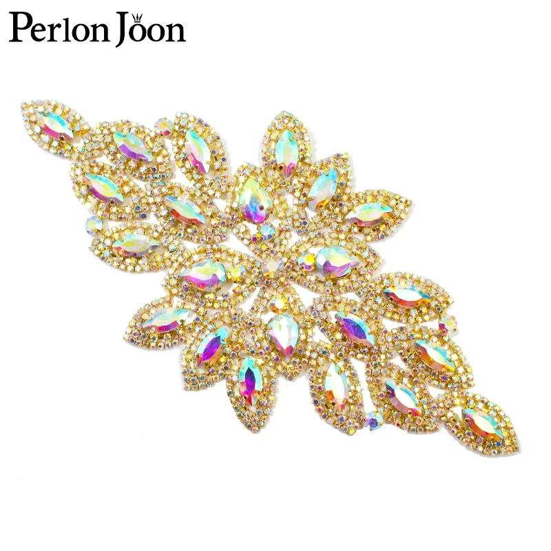 7.2*3.15 inch ab color Crystal applique Rhinestone patch decoration for the wedding dress sewing Clothing Accessories YHZ001