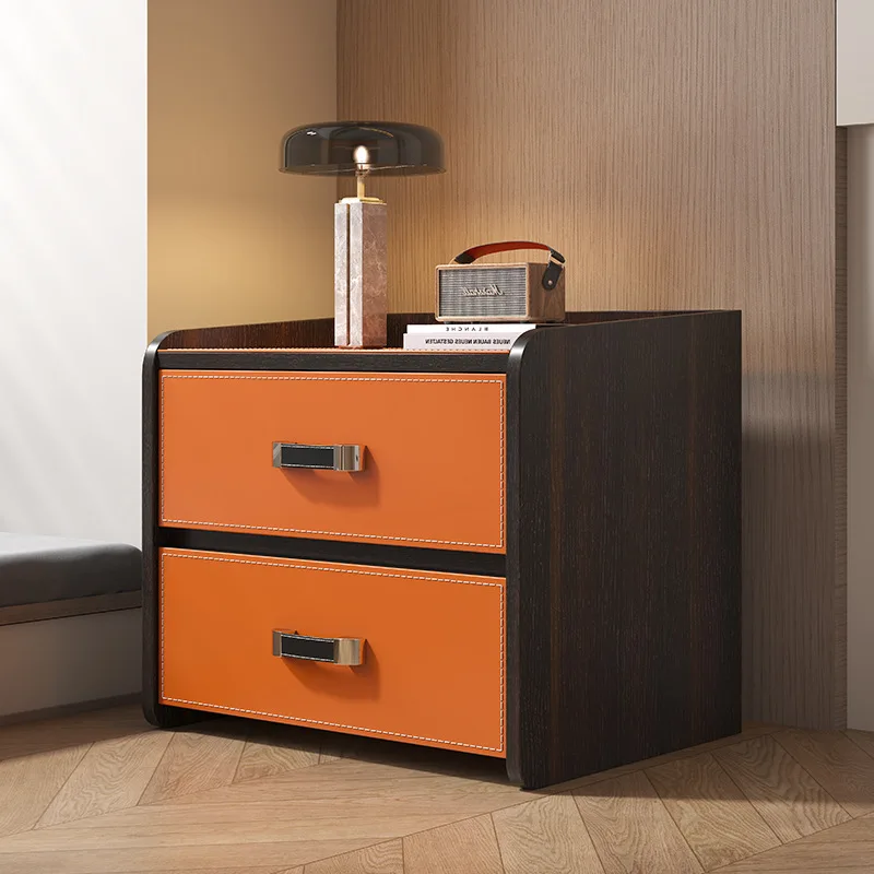 New saddle leather, Italian minimalist bedside cabinet, light luxury