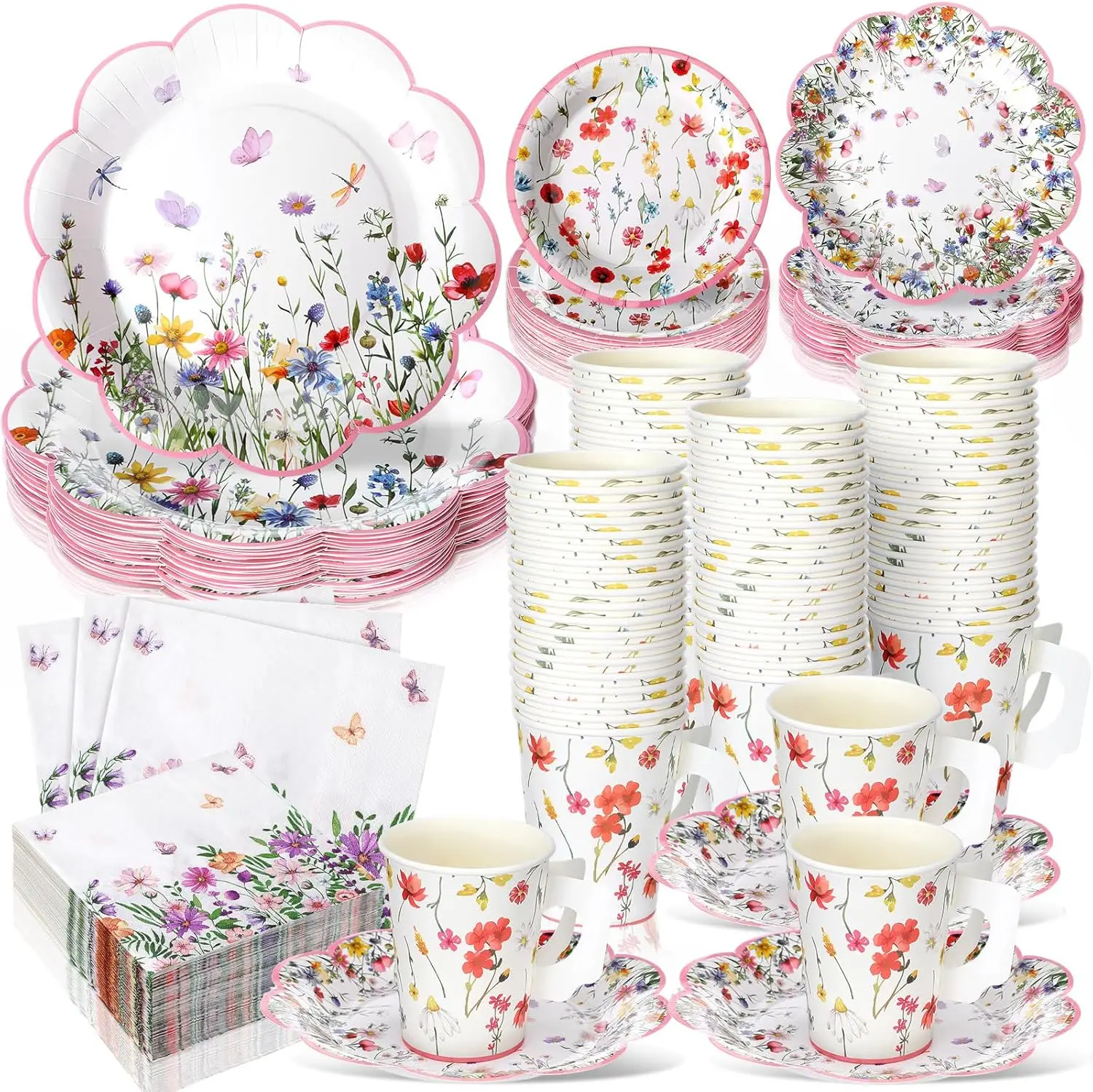 

252 Pcs Floral Tea Party Supplies for 36 Guests Wildflower Paper Disposable Dinnerware Floral Teacups with Handle and Sa