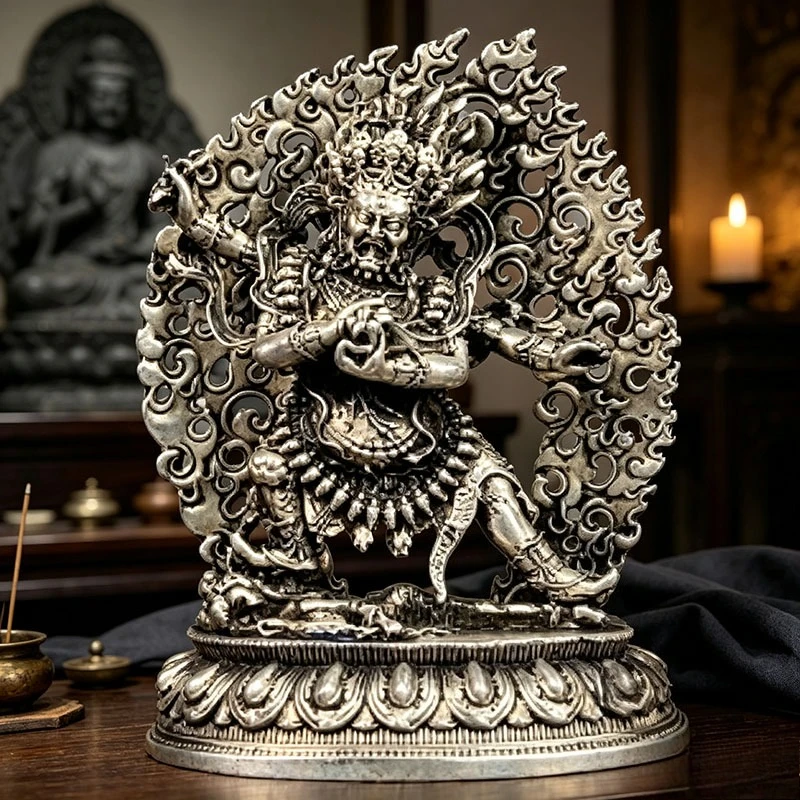 Four Armed Mahakala Statue Antique Silver Tibetan Buddhism Dharma Protector Figurine Altar Worship Decor Living Room Decoration