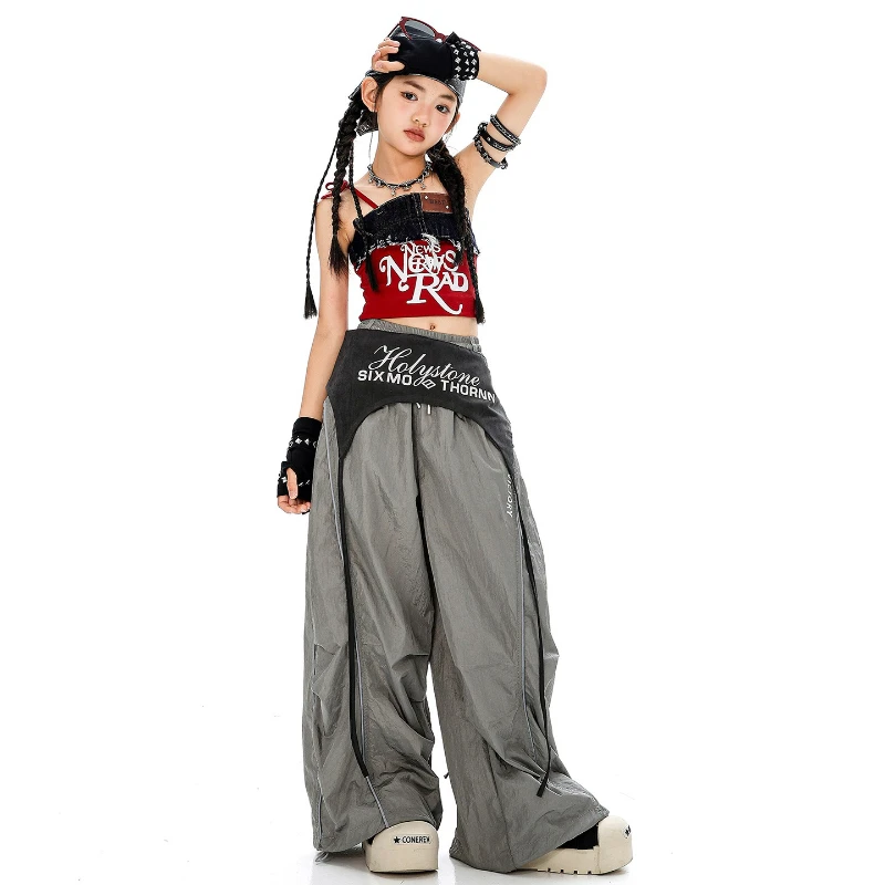 Meninas dança de rua hip hop traje rendas até colheita tanque superior calças soltas desempenho em grupo roupas dança moderna jazz palco outfit