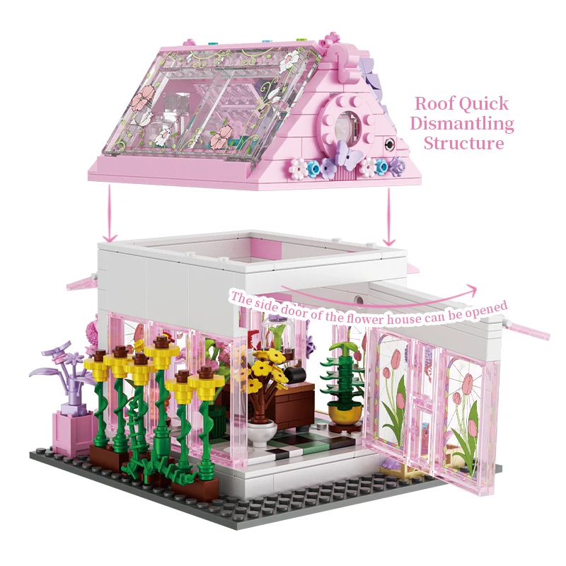 Blocs de construction de maison de fleur rose romantique, Architecture européenne, vue sur la rue, modèle de Cottage, jouets, cadeaux d'anniversaire pour filles