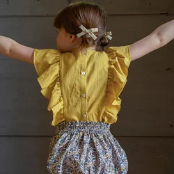 100% Cotton Girls Cropped Top 2026 Summer New Baby Girl Casual Buttons Ruffle Sleeveless Blouse Children's T-Shirts TZ119