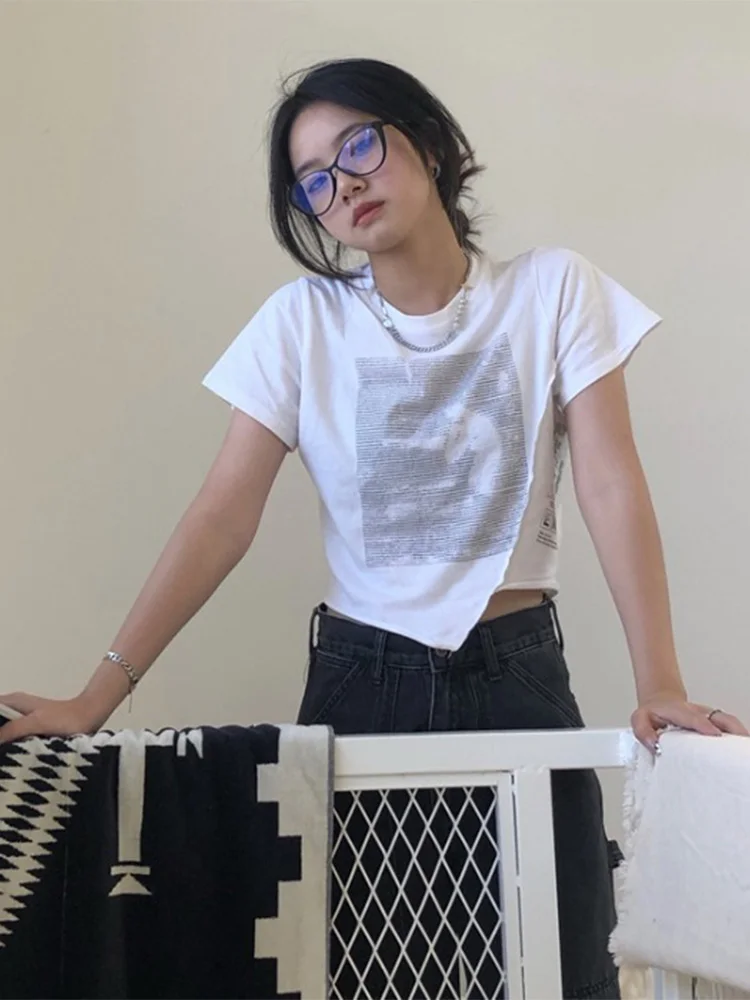 Summer Irregular Stitching Short Sleeve T-shirt Short Sleeve Letter Printed Top Women's Open Umbilical Top Women's Shirt