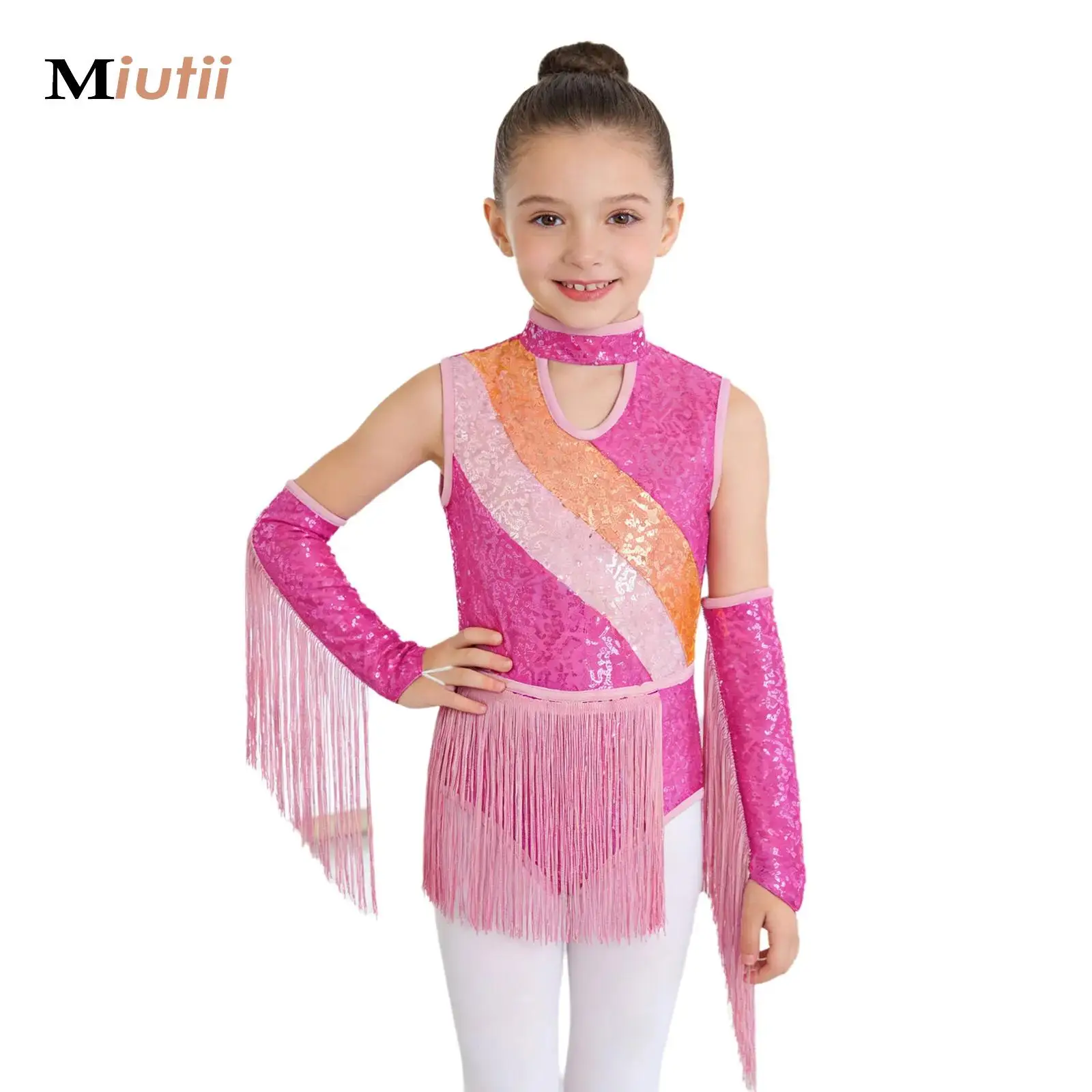 

Kids Girls Gymnastics Jersey Bodysuit Latin Dance Cha-cha Samba Salsa Costume Rhinestones Fringe Leotard Dress Sleeveless