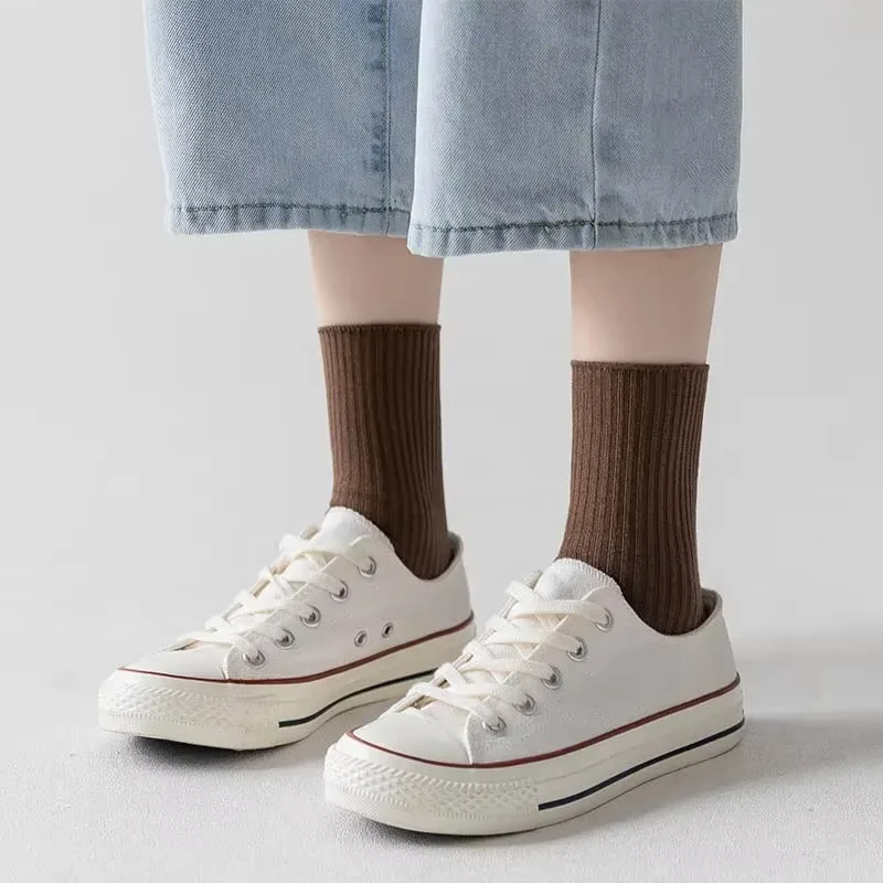 10/5 Pairs Solid Color Women's Mid Length Socks Leisure High Quality Spring Autumn Simplicity Stripe Soft Breathable Women's Soc image 6