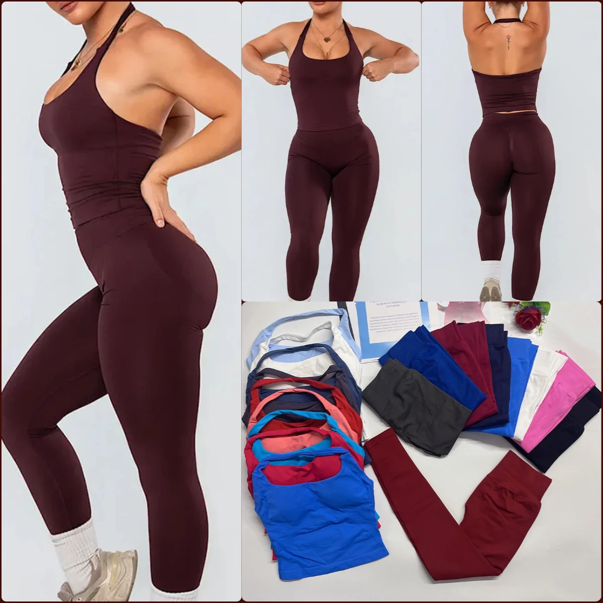 yoga Outfits DFY-L0g0 Women 2 pcs Sports Impact Pant Set Backless Halter Top Seamless Scrunch Leggings Gym Workout Sports Suit