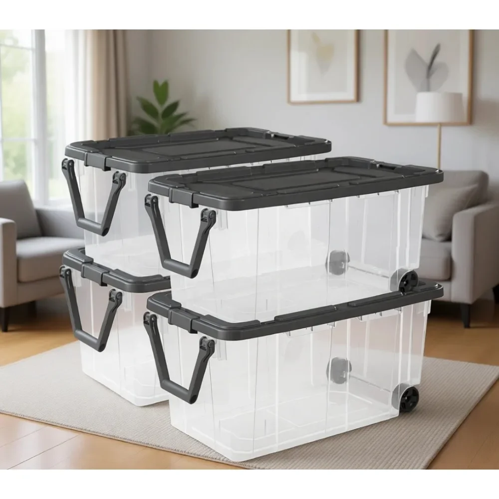 4-Pack Modular Stacker Boxes with Latching Lids - Clear Plastic Storage Bins for Organizing Closet, Bathroom, and Office