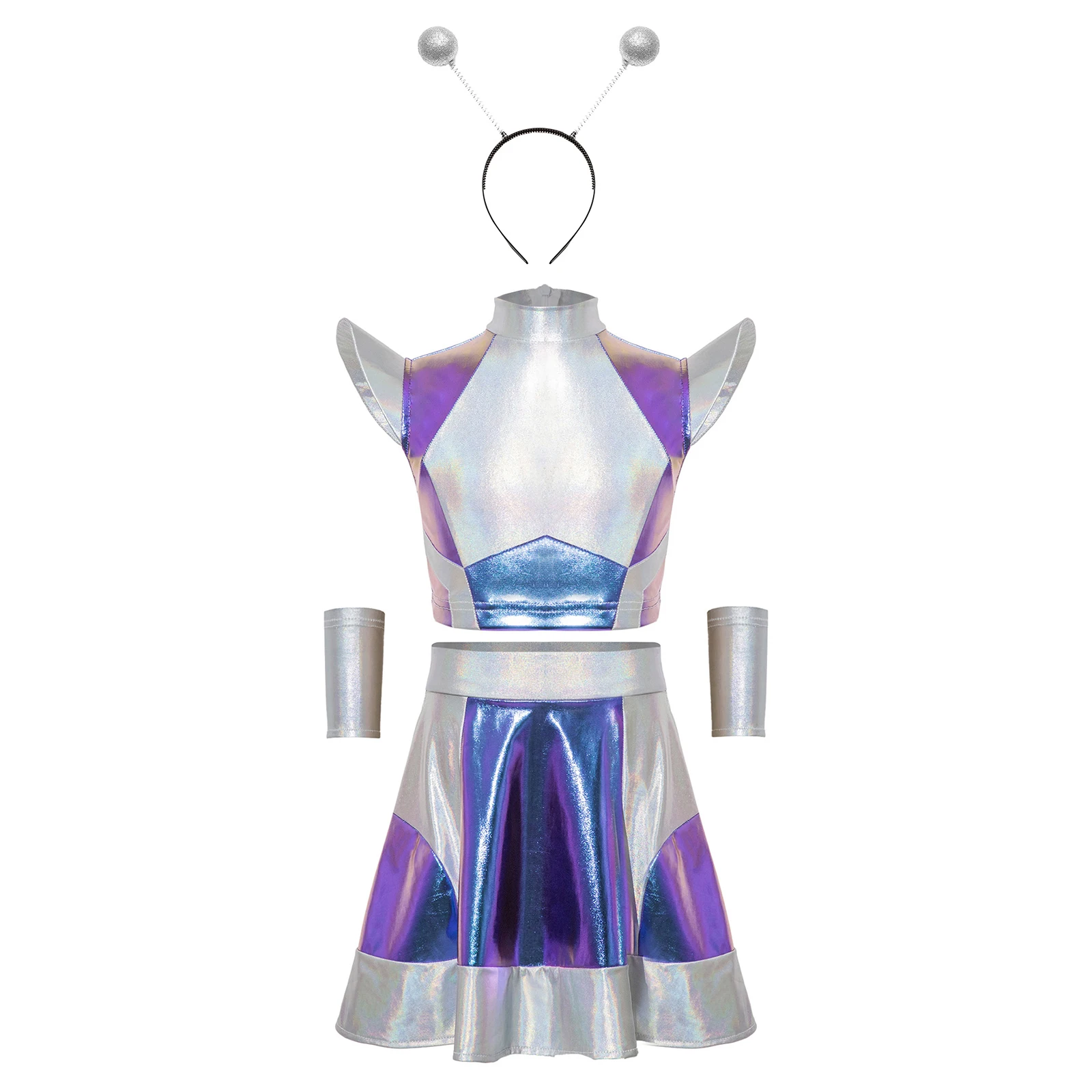 Girls Space Alien Robot Astronaut Dress Up Costume Metallic Shiny Crop Top with Skirt Sleeves Hair Hoop for Halloween Carnival