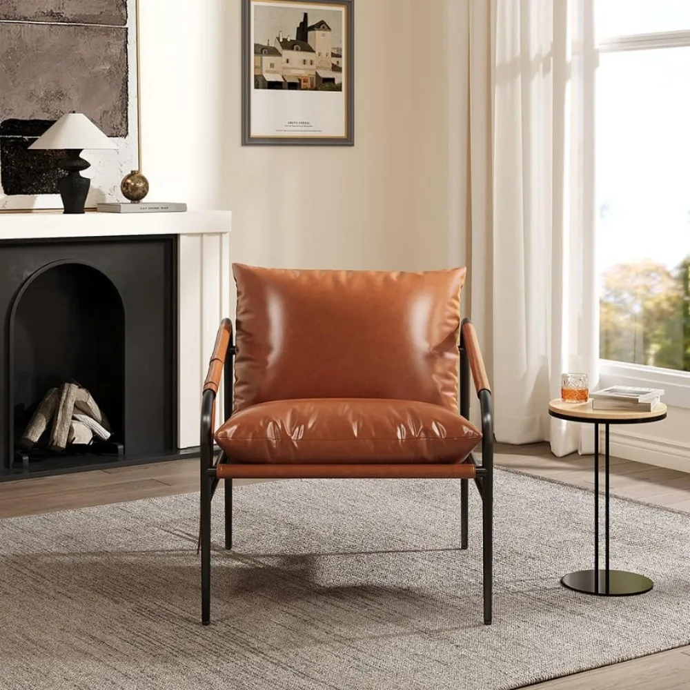 كرسي جلدي لغرفة المعيشة بإطار معدني وأذرع مبطنة وجيوب جانبية وحشو قطن حبيبي - Op باللونين الأسود والبني #4