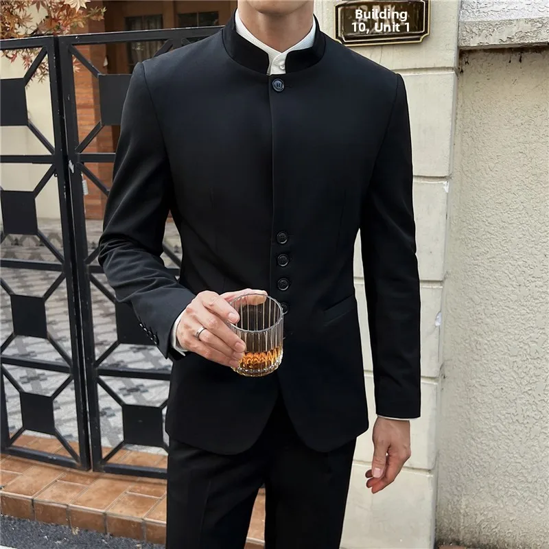 

Men's Casual Tee-Piece Suit Stand Collar Tailored Fit Western Wear Faionable Urban Sle Long Sve round Hem Double Slit