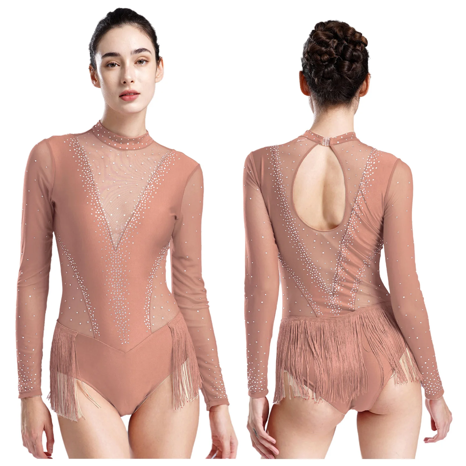 Women Latin Tango Tassel Leotard Dance Dress Shiny Rhinestones Figure Skating Bodysuit Sheer Mesh Salsa Cha Cha Ballroom Costume