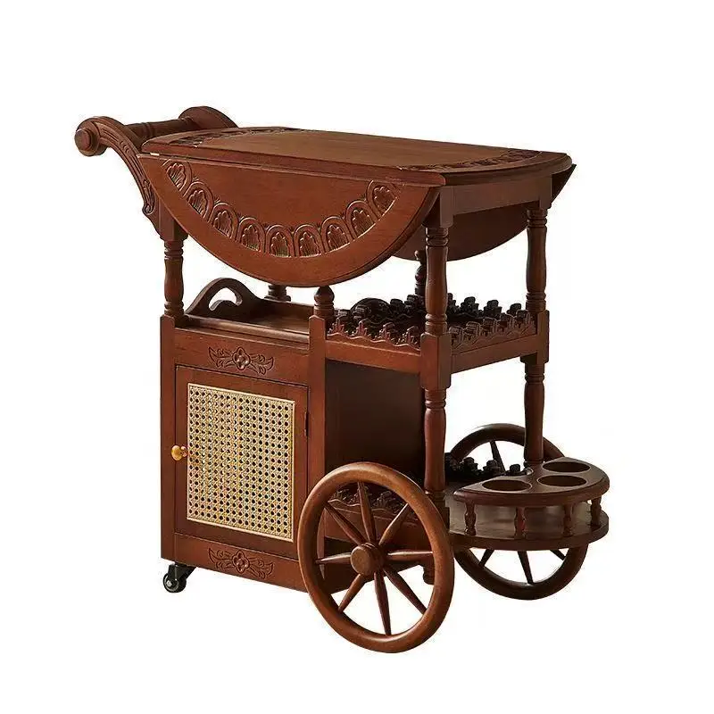 

French medieval style movable small side table American retro cart coffee table folding tea table dining car household tea cart