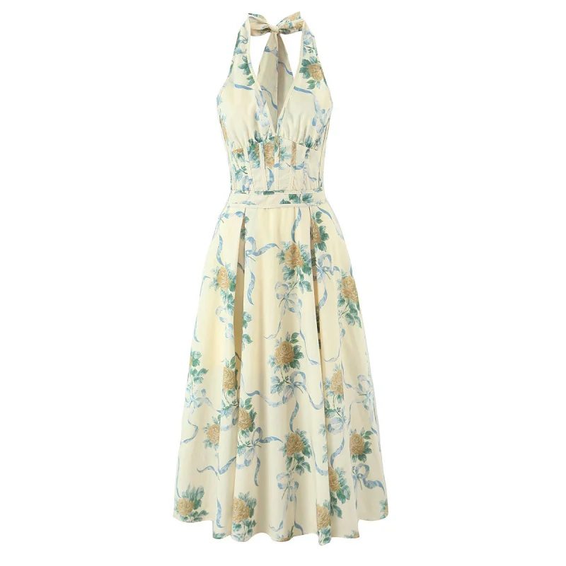 

2025summer new franchvbackless bow tie strap halter neck mid-length dress