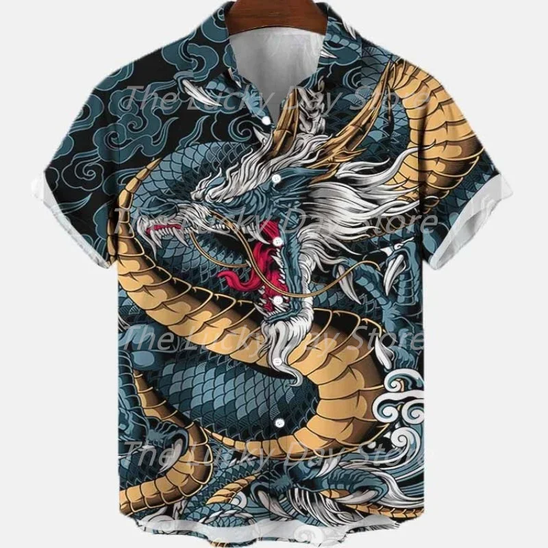 

Summer Men's Social Casual Vintage Floral Hawaiian Oversize Short Sleeve Shirt Street Luxury Dragon Pattern Element Clothing Hot