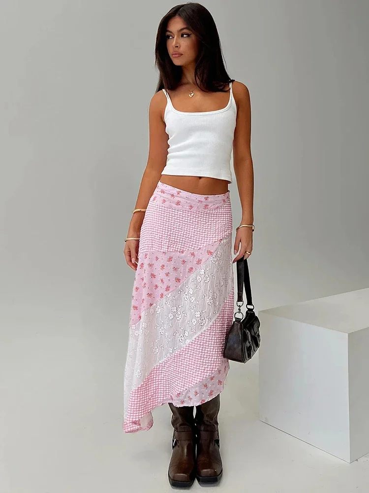 Retalhos impressão bolinhas ver através de renda saia feminina branco cintura alta saia longa feminino verão magro casual streetwear