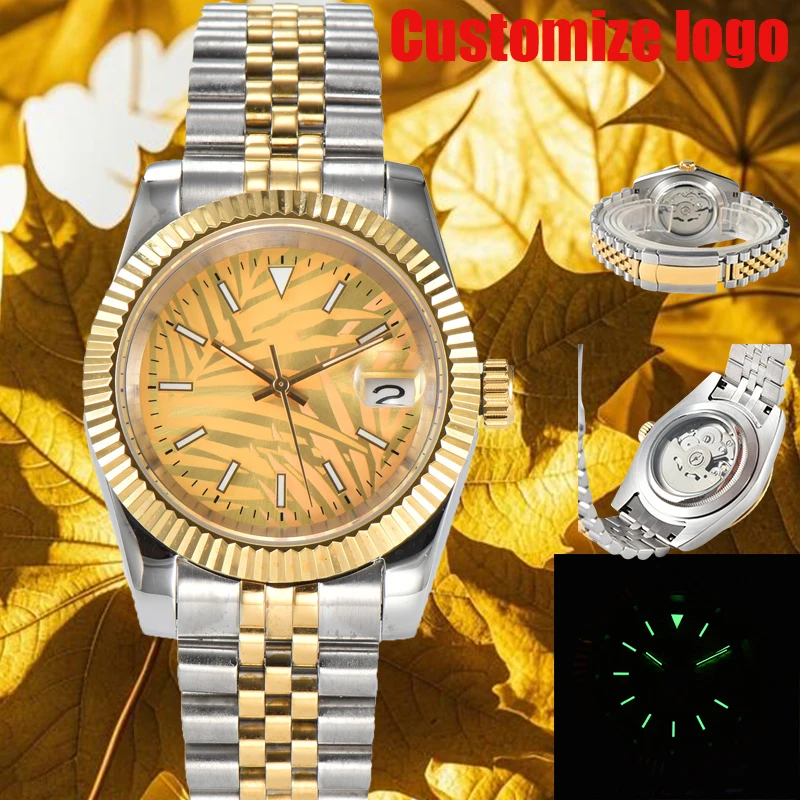 39mm/36mm10bar movimiento NH resistente al agua 35 reloj hoja de palma dorada 316L acero inoxidable cristal de zafiro logotipo personalizado