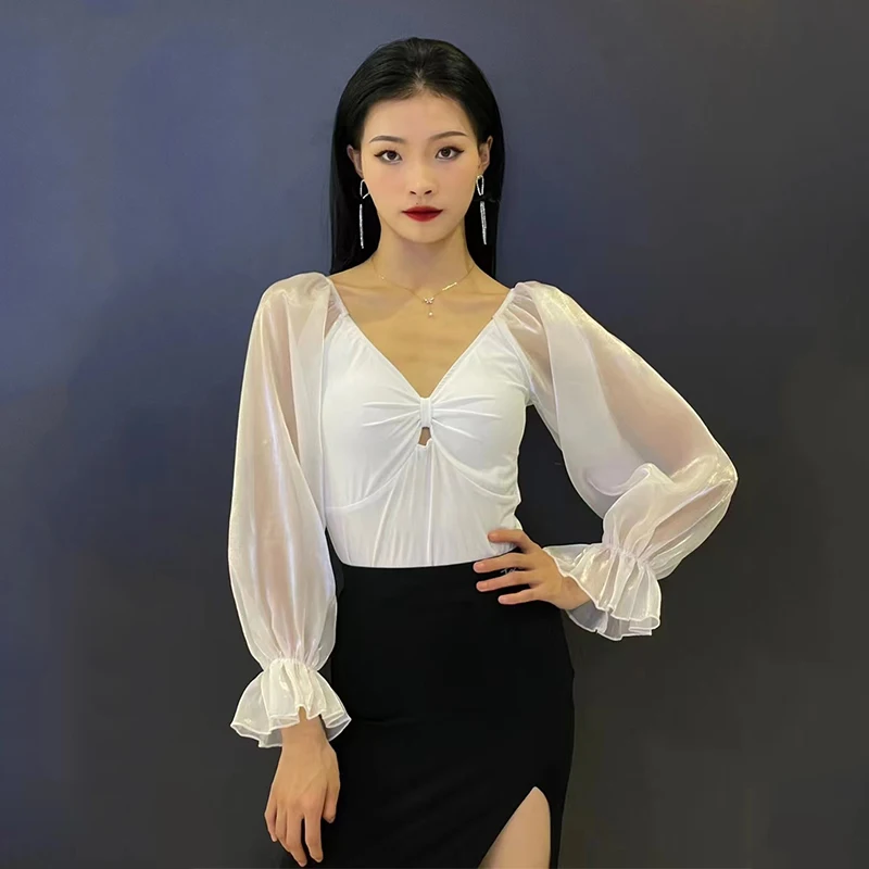 

White Ballroom Dance Performance Clothes Women Lantern Sleeve Tango Dance Stage Costume Waltz Standard Dancing Tops DL11367