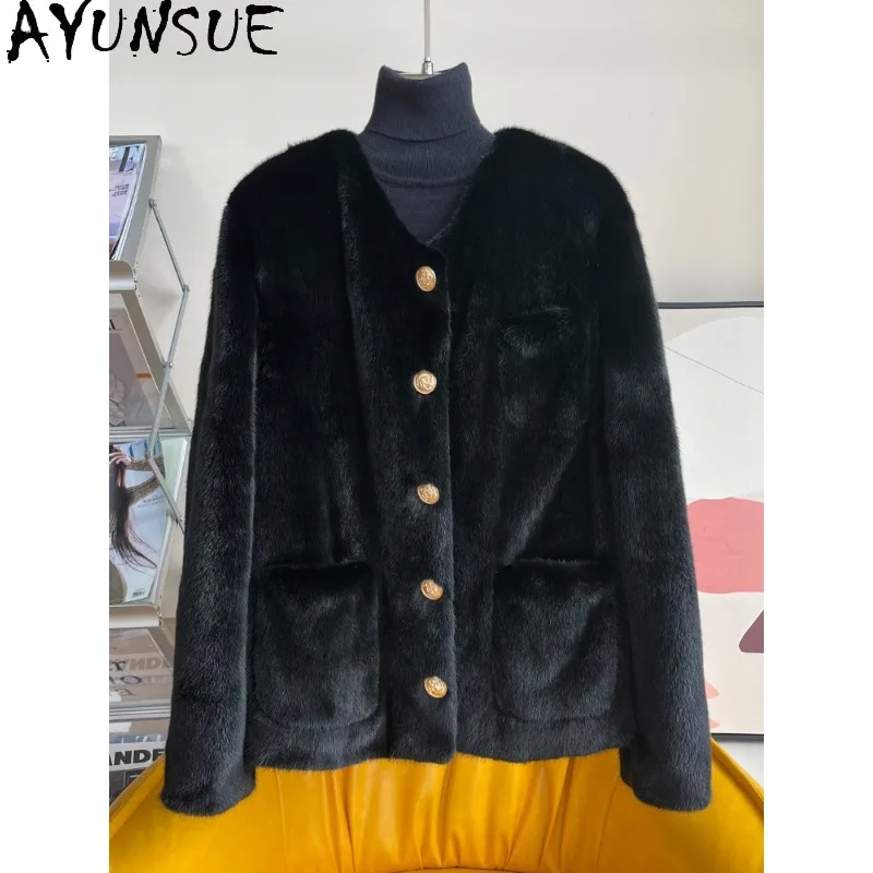 AYUNSUE Purple Label Velvet Whole Mink Fur Coat Woman Luxury Black Jacket Long Sleeve Tops for Woman Stylish Women Clothes Шуба