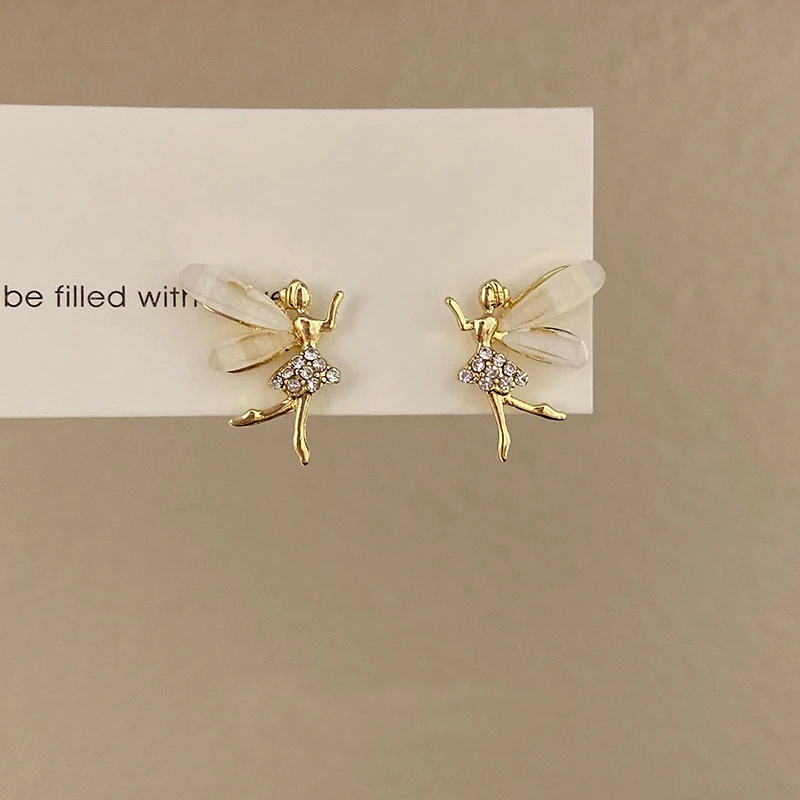 Trendy Girl Dancer Stud Earrings Crystal Acrylic Wings Angle Earrings for Women Korean Cute Sweet Jewelry aretes de mujer