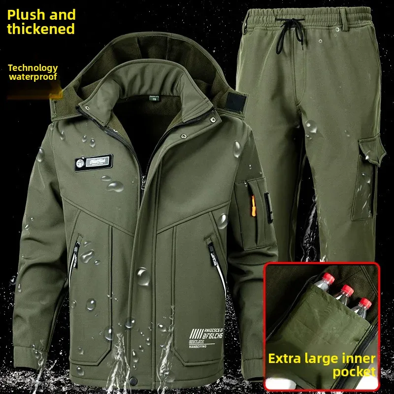 2025 야외 플리스 안감 스포츠 캐주얼 작업복 트레이닝 소프트 쉘 수트 방수 방풍 따뜻한 레저 야외복 세트